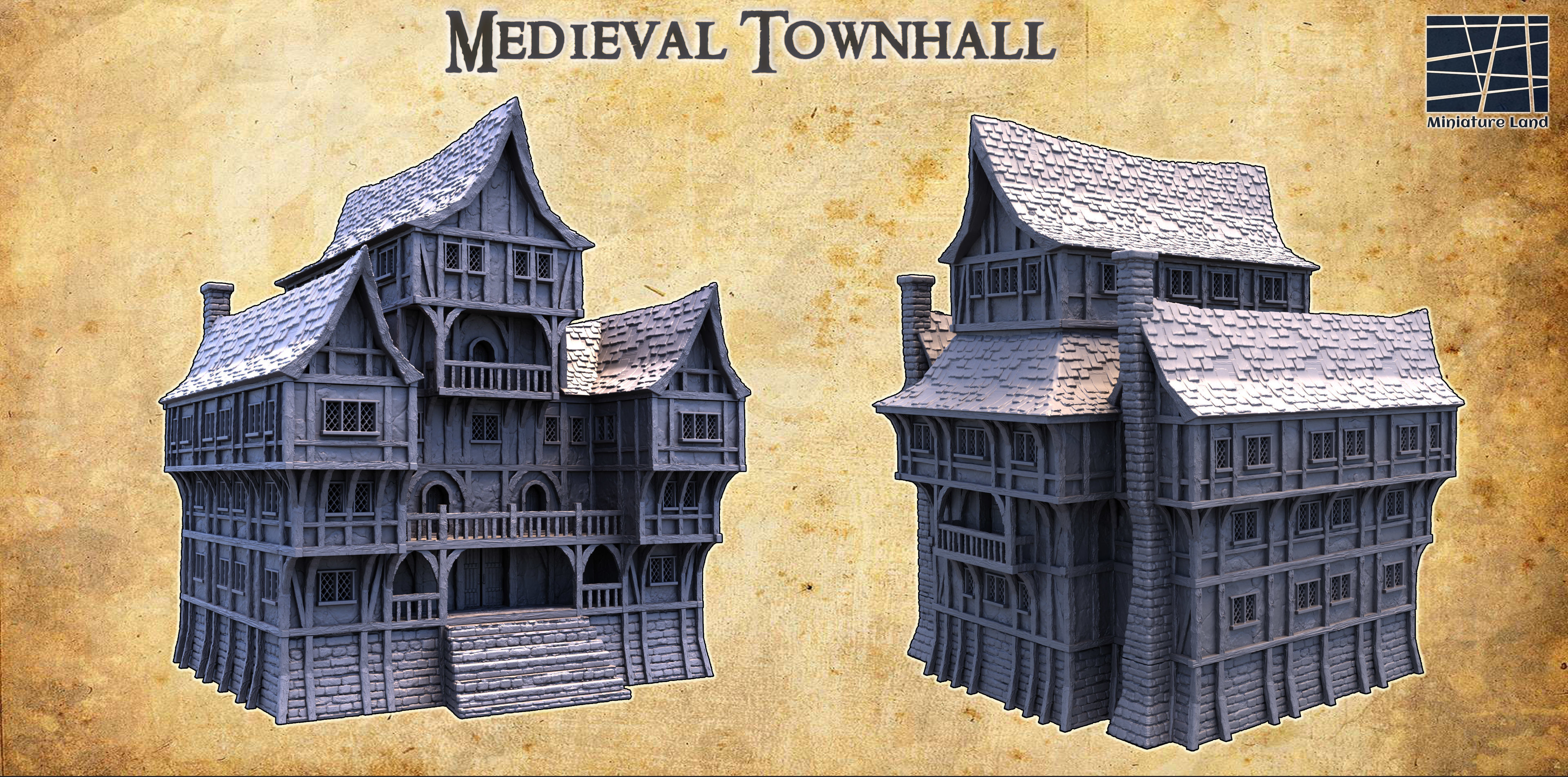 Medieval Townhall Tabletop Terrain 28MM 3D print model 3D print model_1