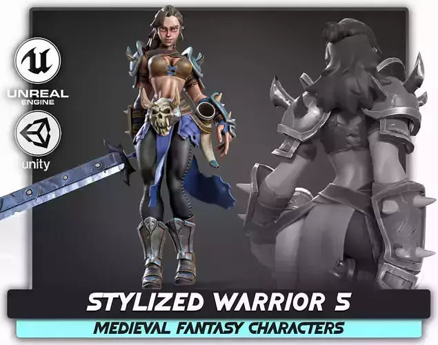 Stylized Warrior 05 - Fantasy Girl Sword Medieval Heroes - 43 Low-poly 3D model