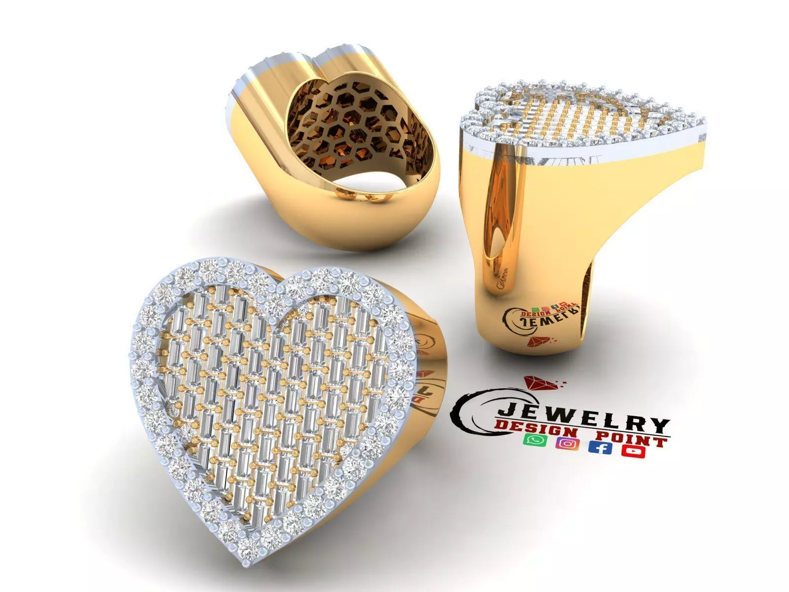 Custom Heart Champions Baguettes Ring - Heart Diamond Men Ring 3D print model