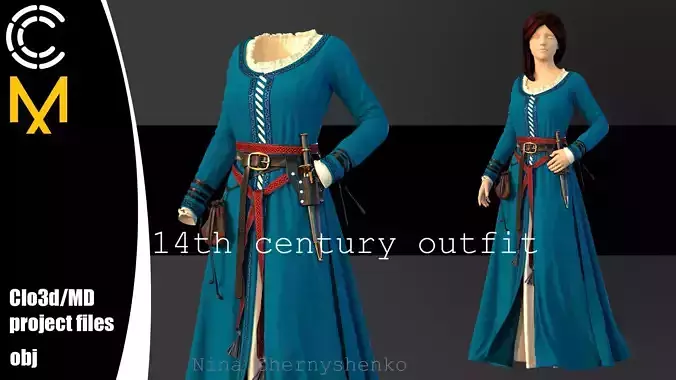 14th century outfit - Marvelous Designer project and OBJ