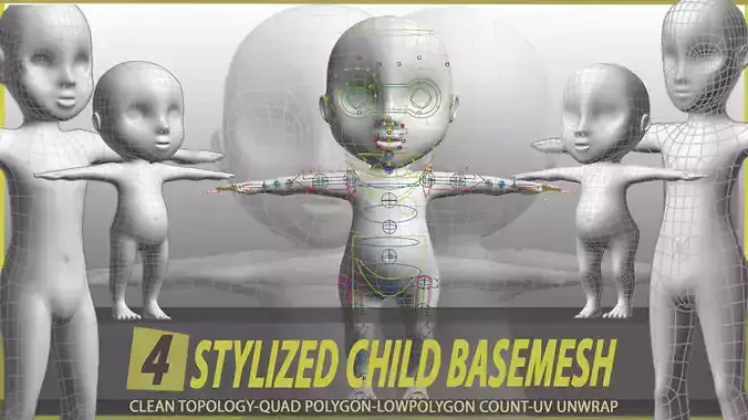 4 Stylized child male and female basemesh