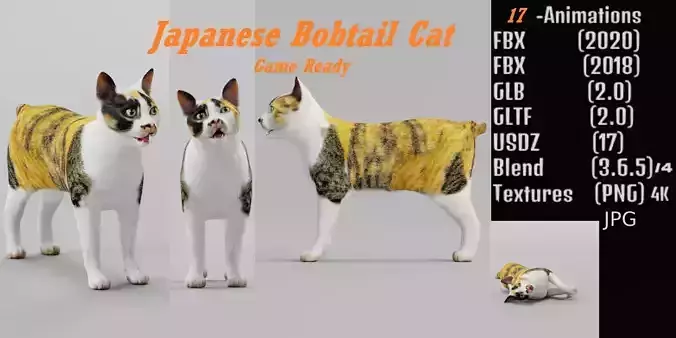 Japanese Bobtail Cat Low-poly 3D model