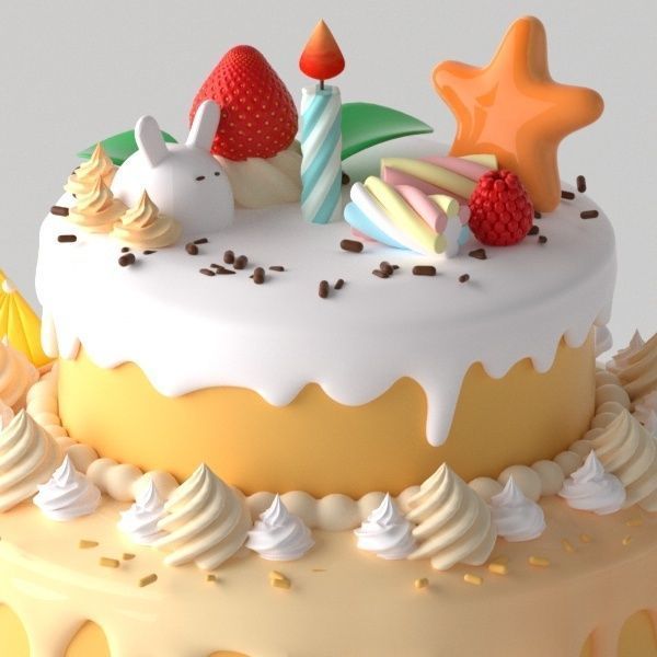 Strawberry and fruit cream birthday cake  3D model_1