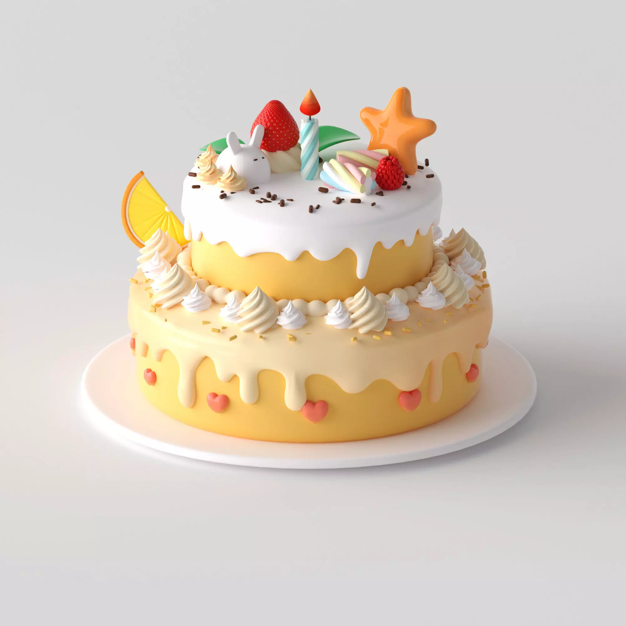 Strawberry and fruit cream birthday cake  3D model_0