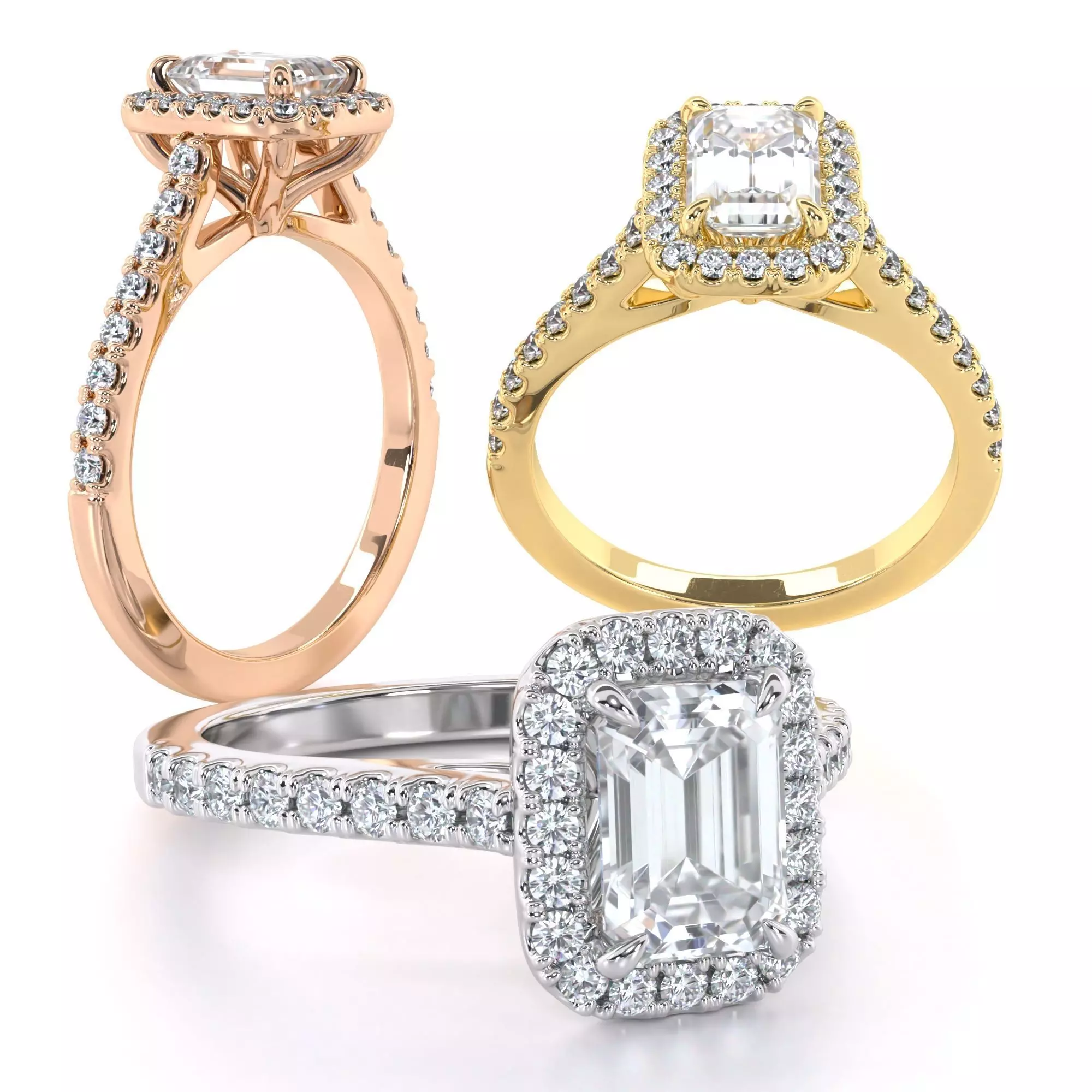 Emerald Cut Engagement Ring One Row Pave Diamond Band 3D print model