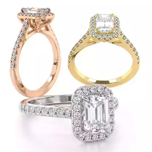 Emerald Cut Engagement Ring One Row Pave Diamond Band