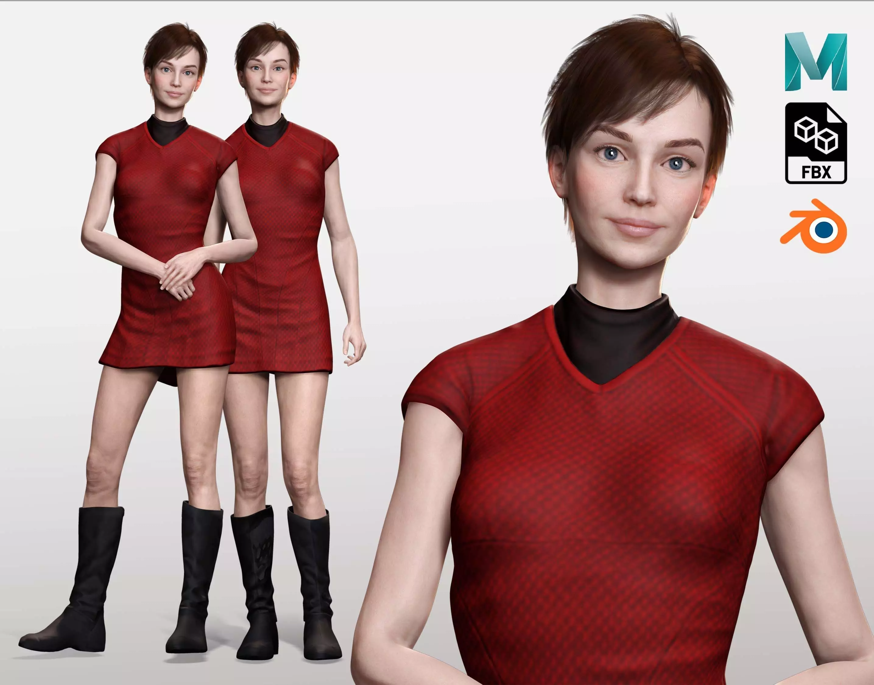 Mariya - Realistic Women With Red Dress  Low-poly 3D model_0