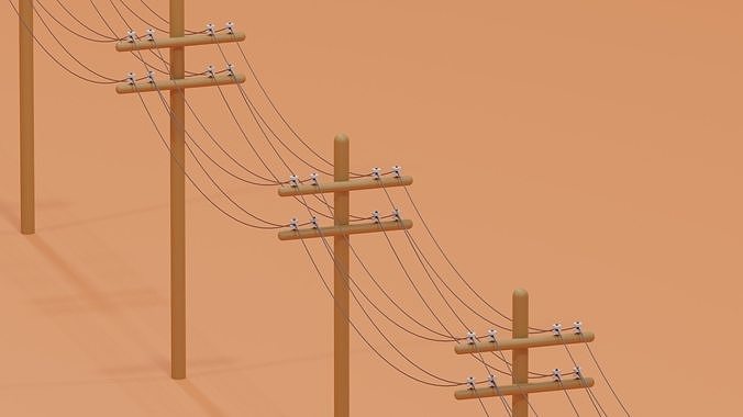 Wooden Telephone Pole Power Line Low-poly 3D model