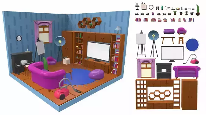 Isometric cartoon living room 01