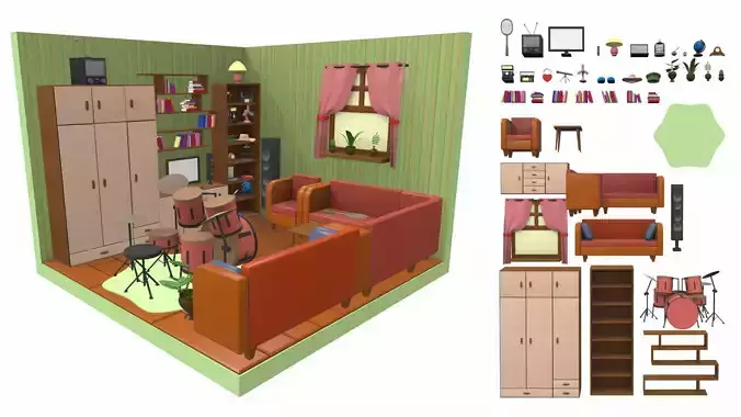 Isometric cartoon living room 02