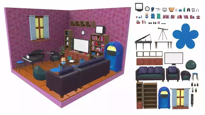 Isometric cartoon living room 03