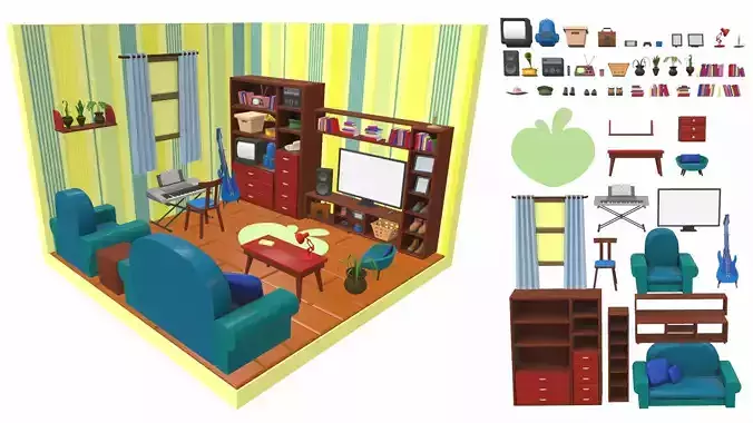 Isometric cartoon living room 04