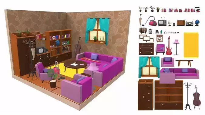 Isometric cartoon living room 05
