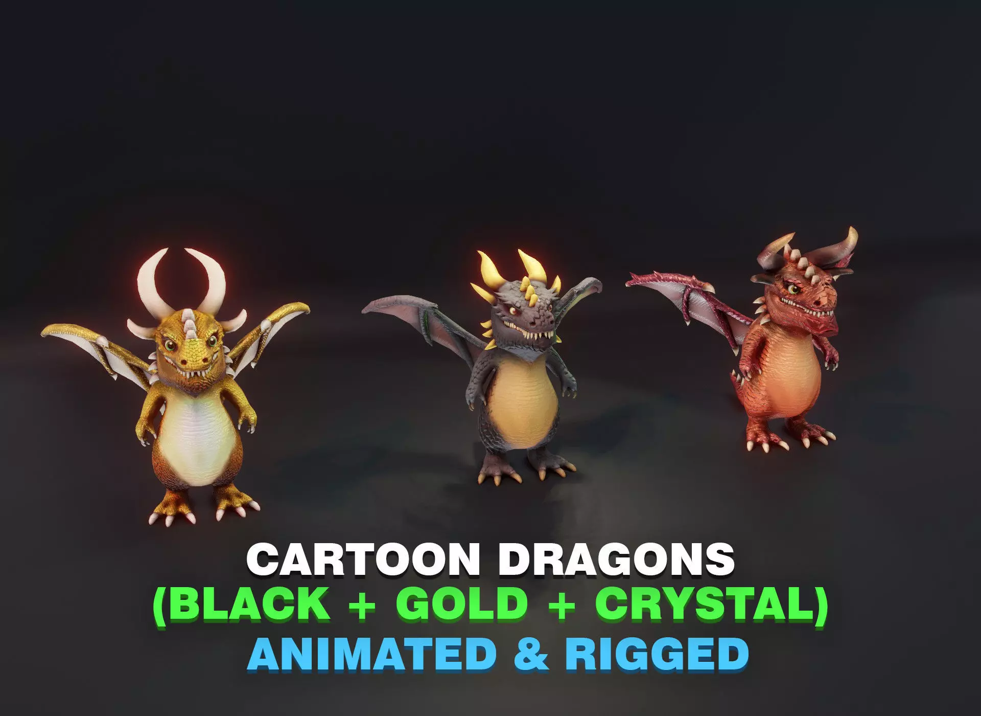 Black Dragon and Gold Dragon and Crystal Dragon 3D Models Low-poly 3D model