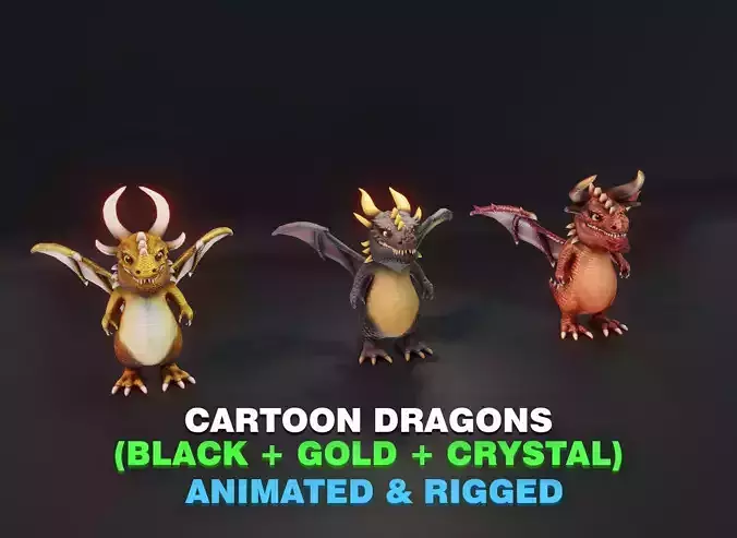 Black Dragon and Gold Dragon and Crystal Dragon 3D Models Low-poly 3D model