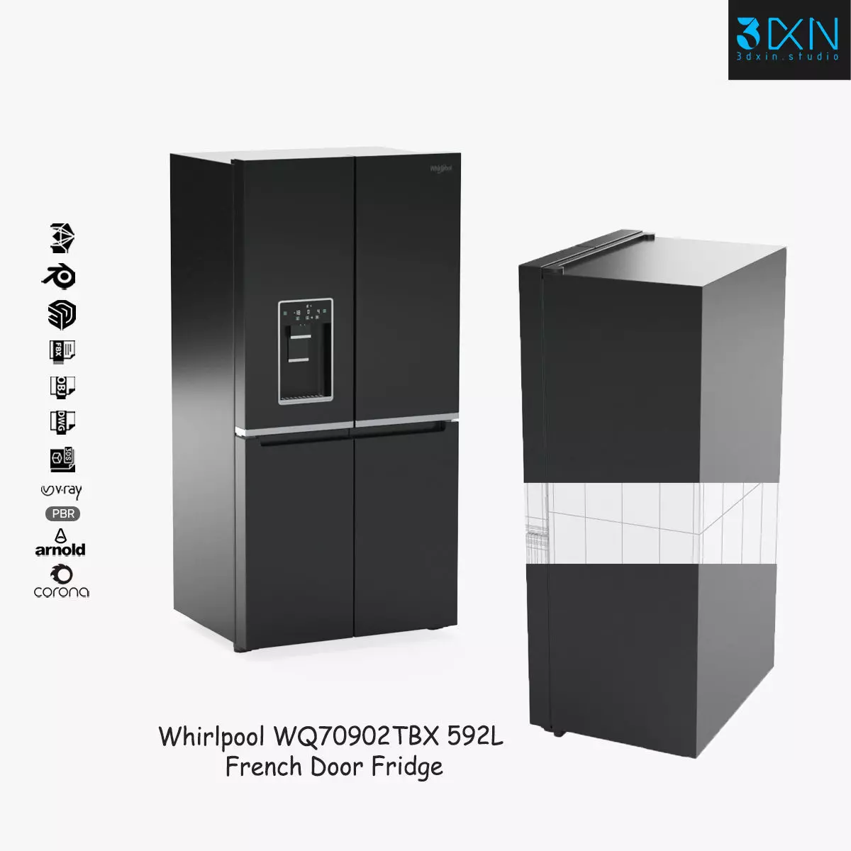 Whirlpool WQ70902TBX 592L French Door Fridge 3D model_0