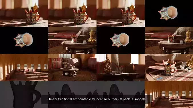 Omani traditional six pointed clay incense burner - 3 pack 3D Model Collection