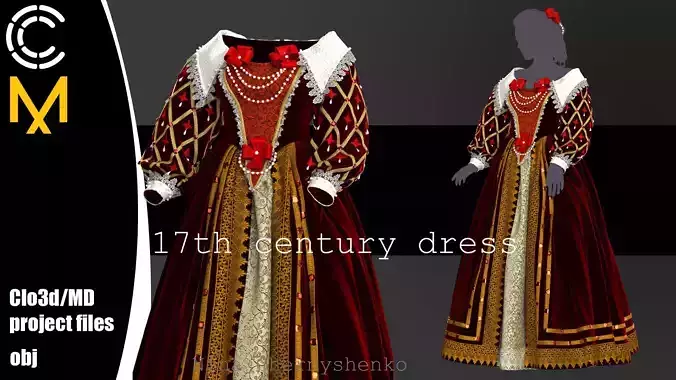17th century dress - Marvelous Designer project and OBJ
