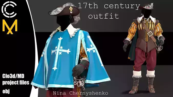 17th century outfit - Marvelous Designer project and OBJ 3D model