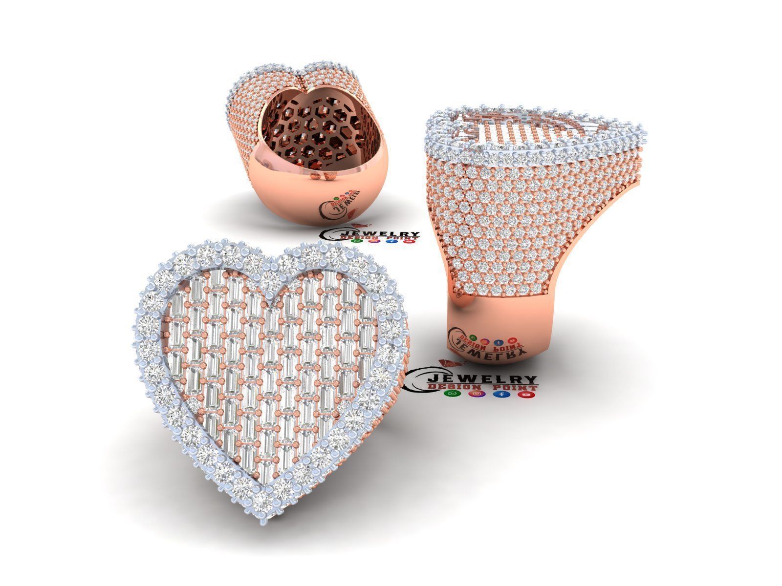 Custom Heart Champions Baguettes Halfway Diamond Ring 3D print model