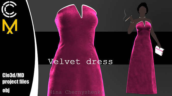 Velvet dress - Marvelous Designer project and OBJ 3D model
