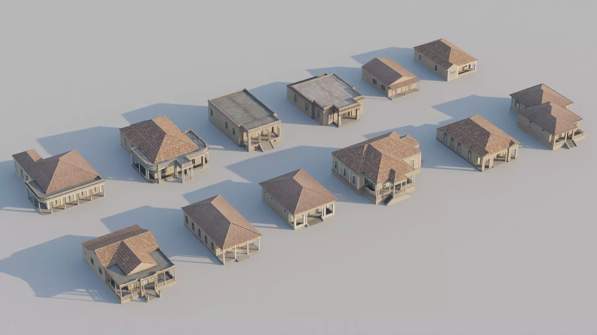South American Spanish Style Houses Pack Colonial Style Low-poly 3D model_0