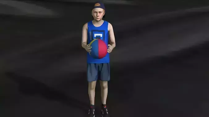 A small 3D character up to a basketball 