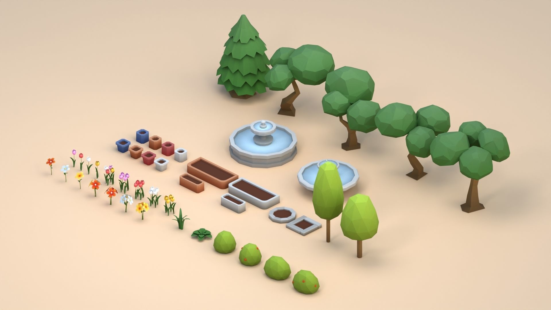 Cartoon Low Poly Trees Flowers Pack Low-poly 3D model_5