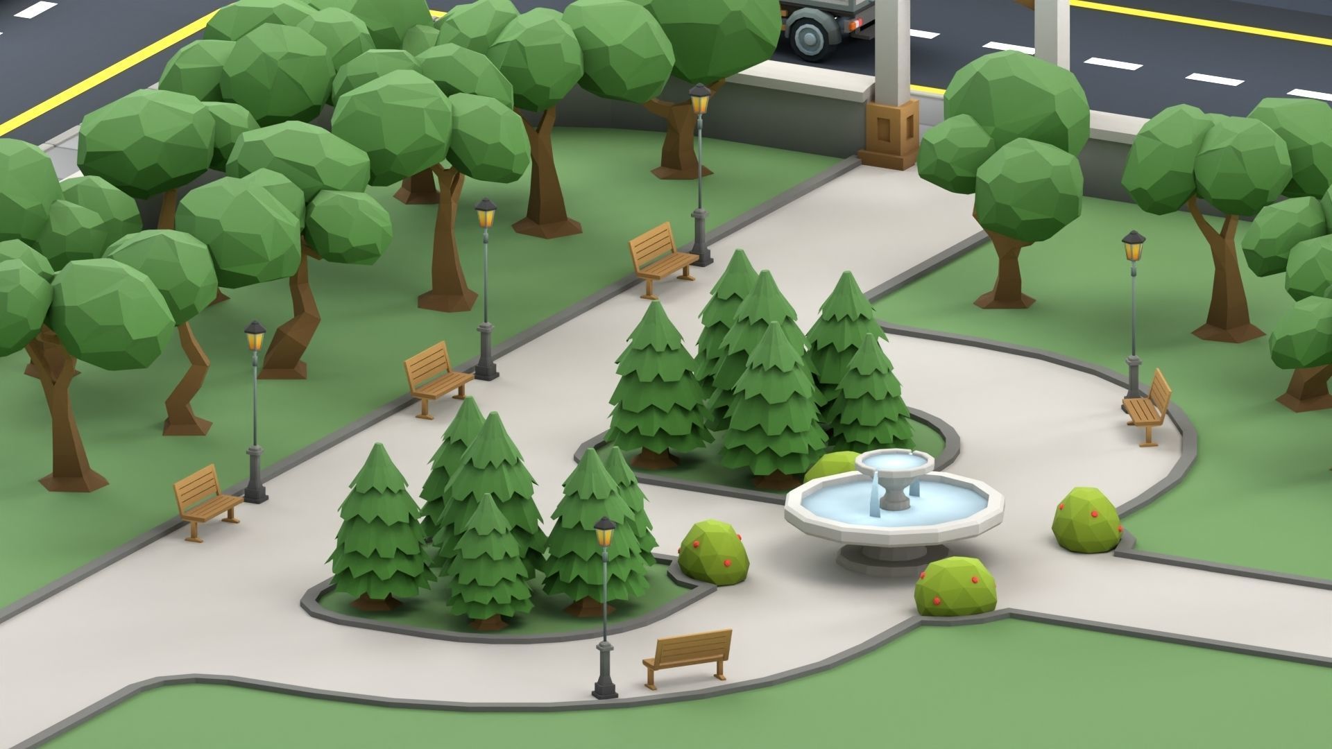 Cartoon Low Poly Trees Flowers Pack Low-poly 3D model_9