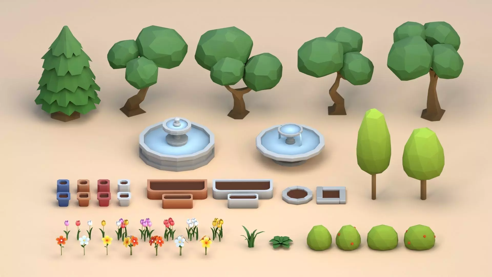 Cartoon Low Poly Trees Flowers Pack Low-poly 3D model_0