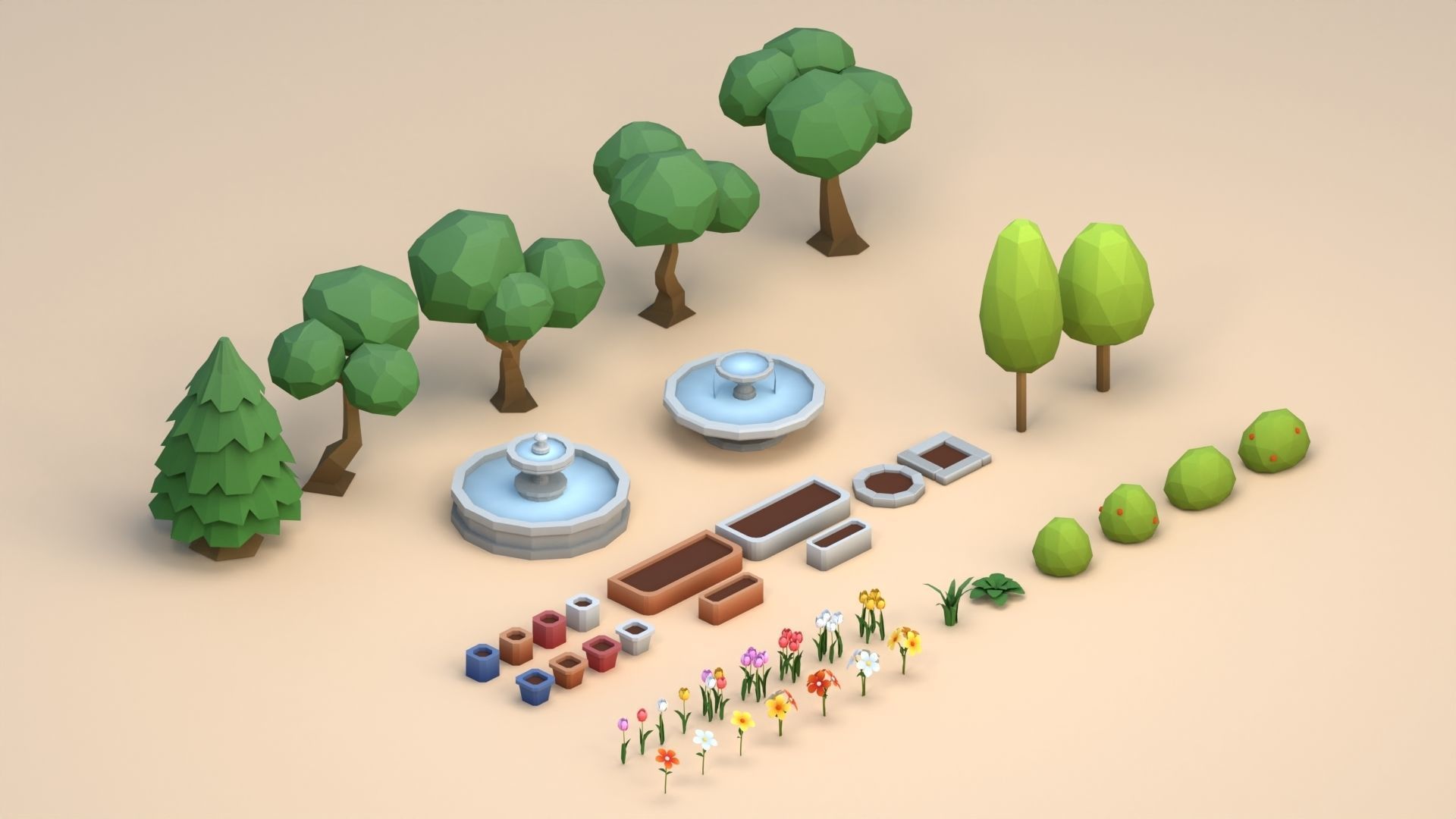 Cartoon Low Poly Trees Flowers Pack Low-poly 3D model_6