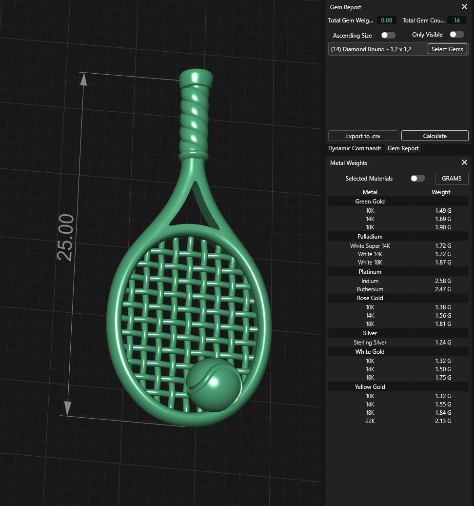 Gold Tennis Racket Pendant or Earrings 3D print model_10