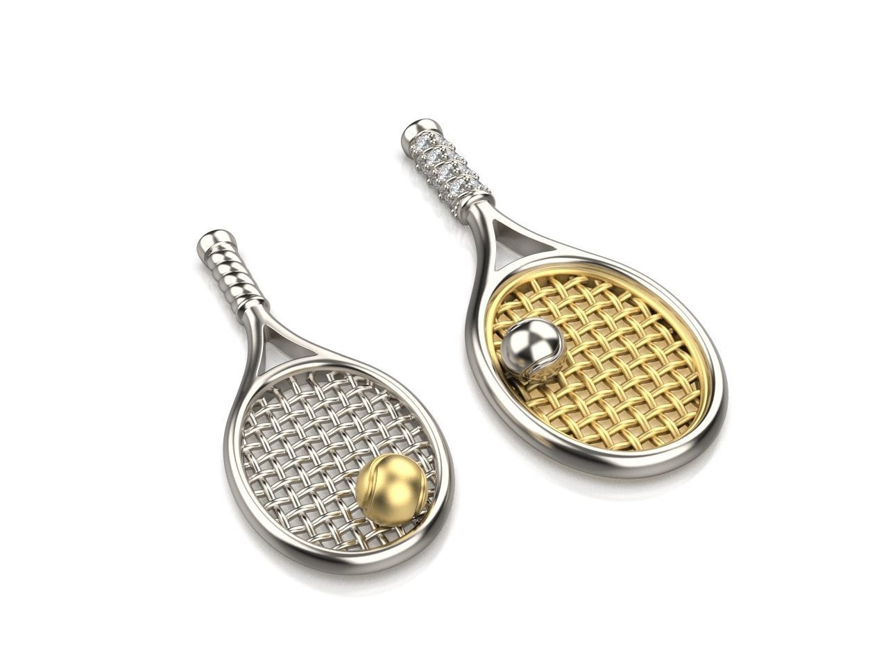 Gold Tennis Racket Pendant or Earrings 3D print model_3