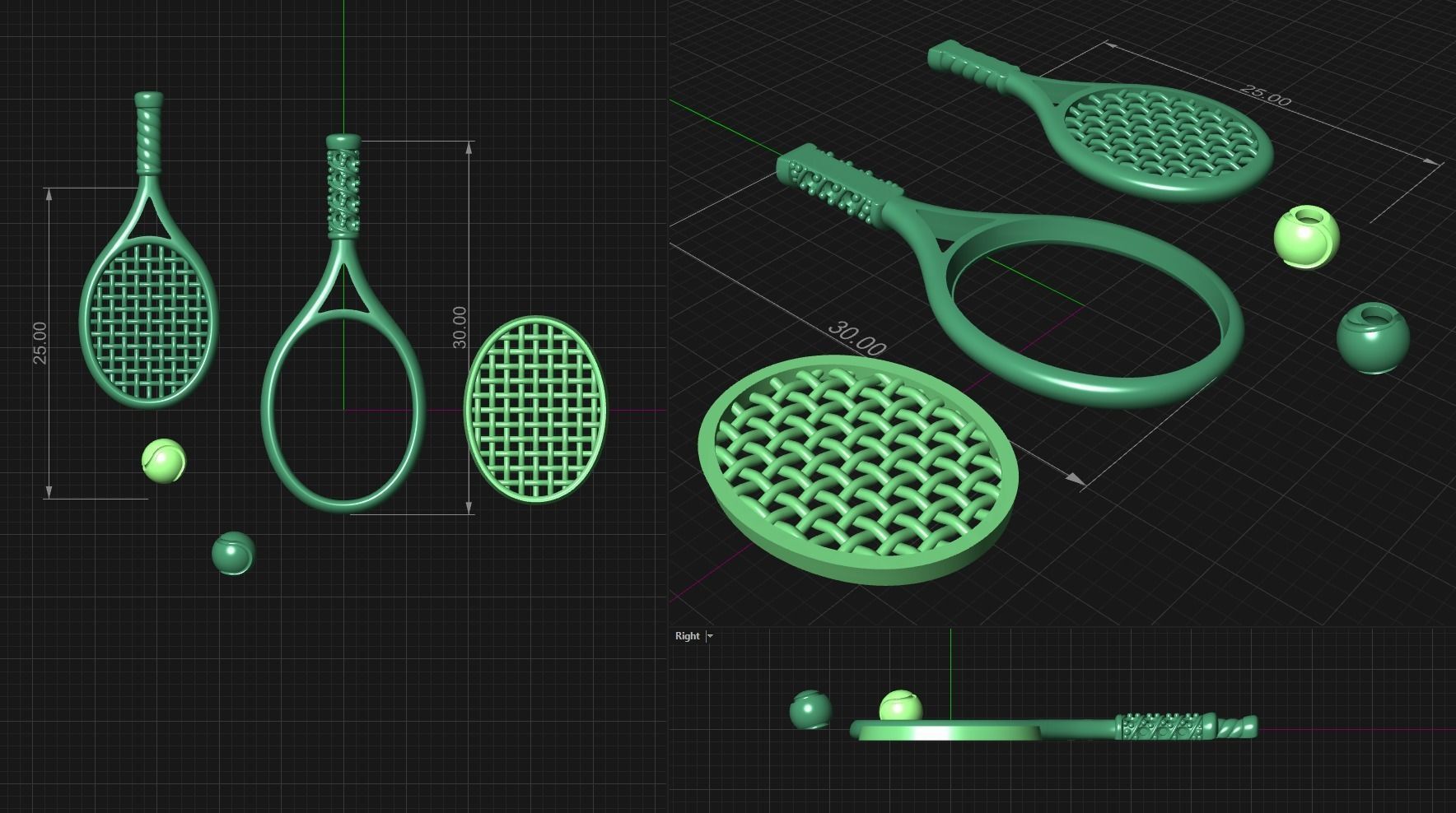 Gold Tennis Racket Pendant or Earrings 3D print model_11