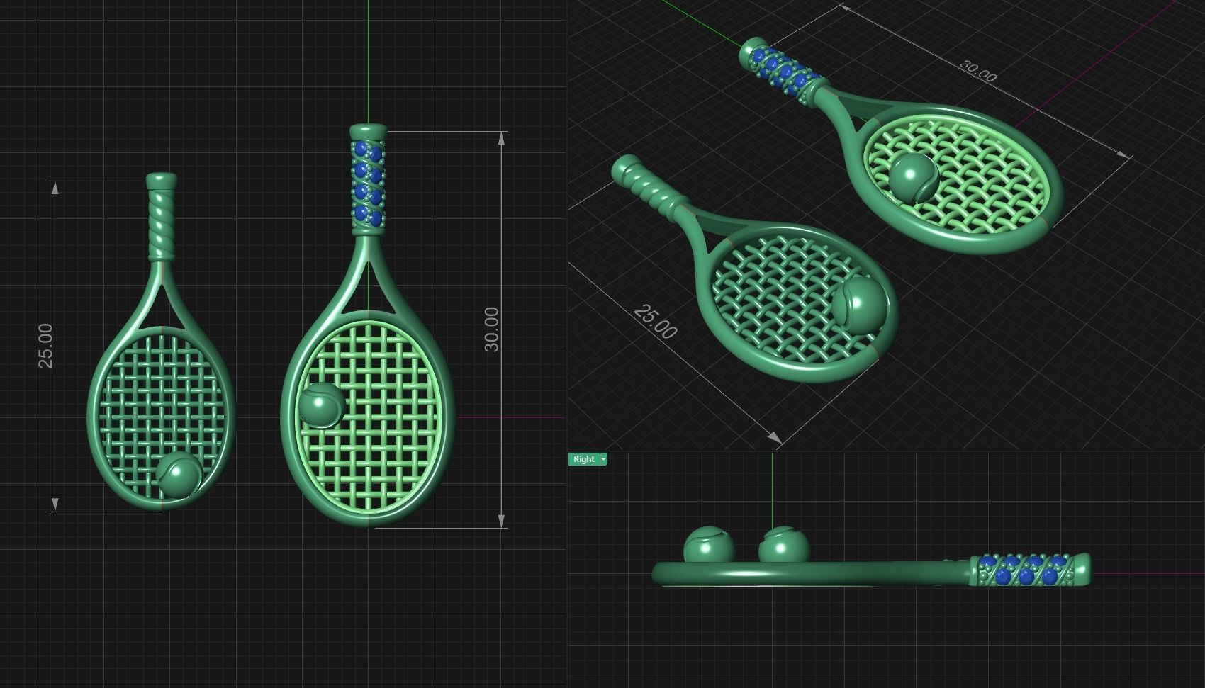 Gold Tennis Racket Pendant or Earrings 3D print model_1