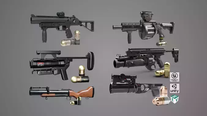  6 Grenade Launcher Black All PBR Unity UE Textures Included 3D Model Collection