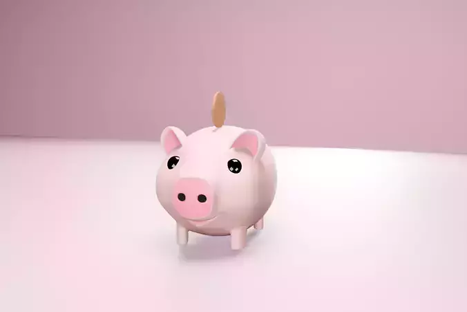 Cute piggy saving money and investment on pink background