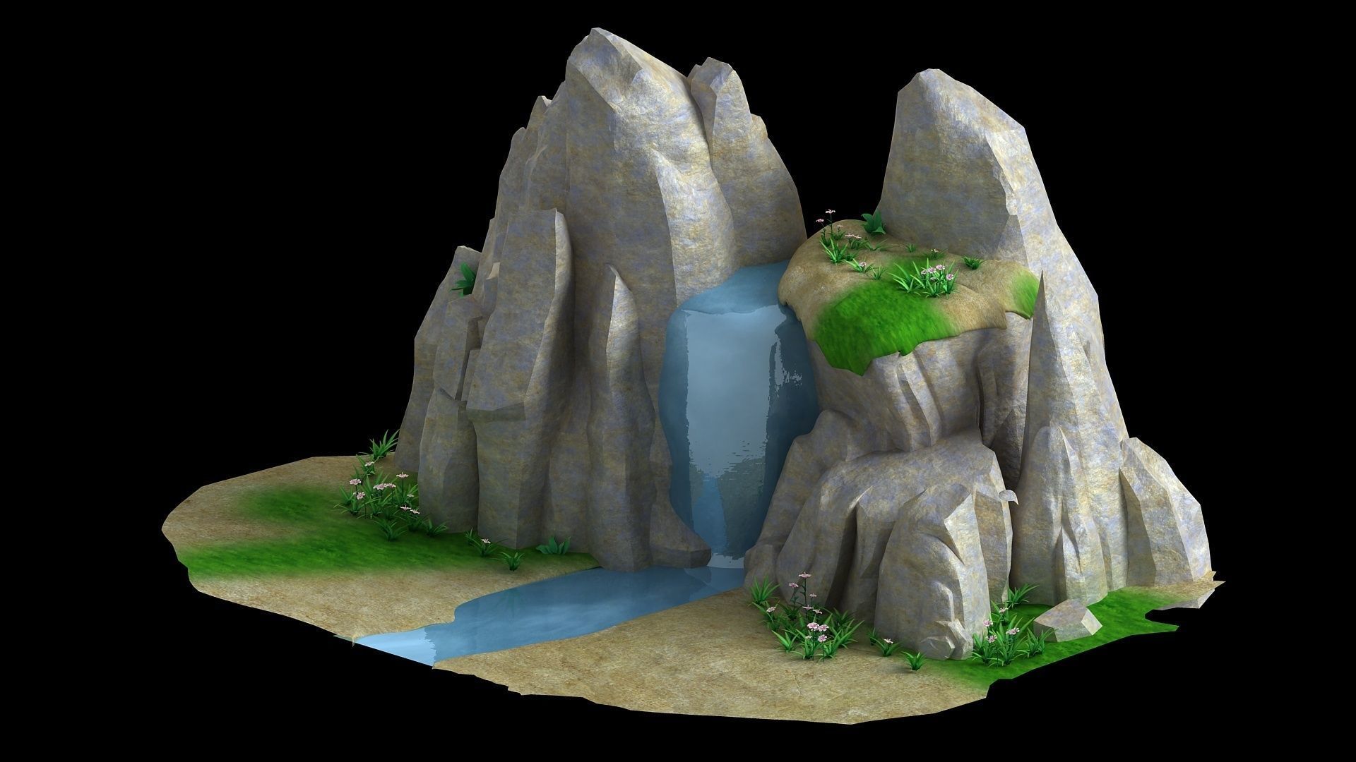 floating island map scene game treehouse river valley 3D model_2