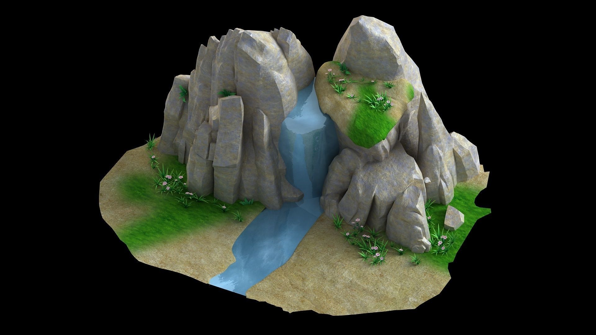 floating island map scene game treehouse river valley 3D model_4