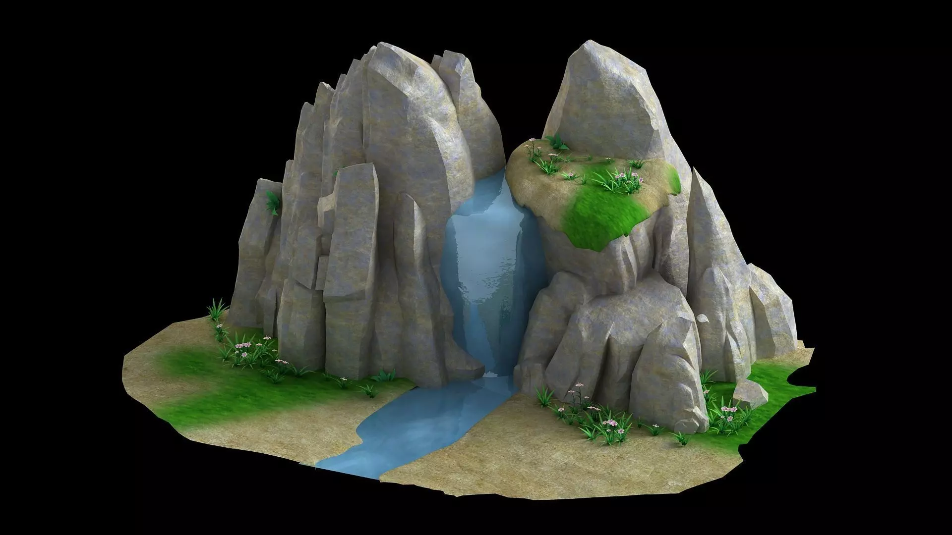 floating island map scene game treehouse river valley 3D model_0