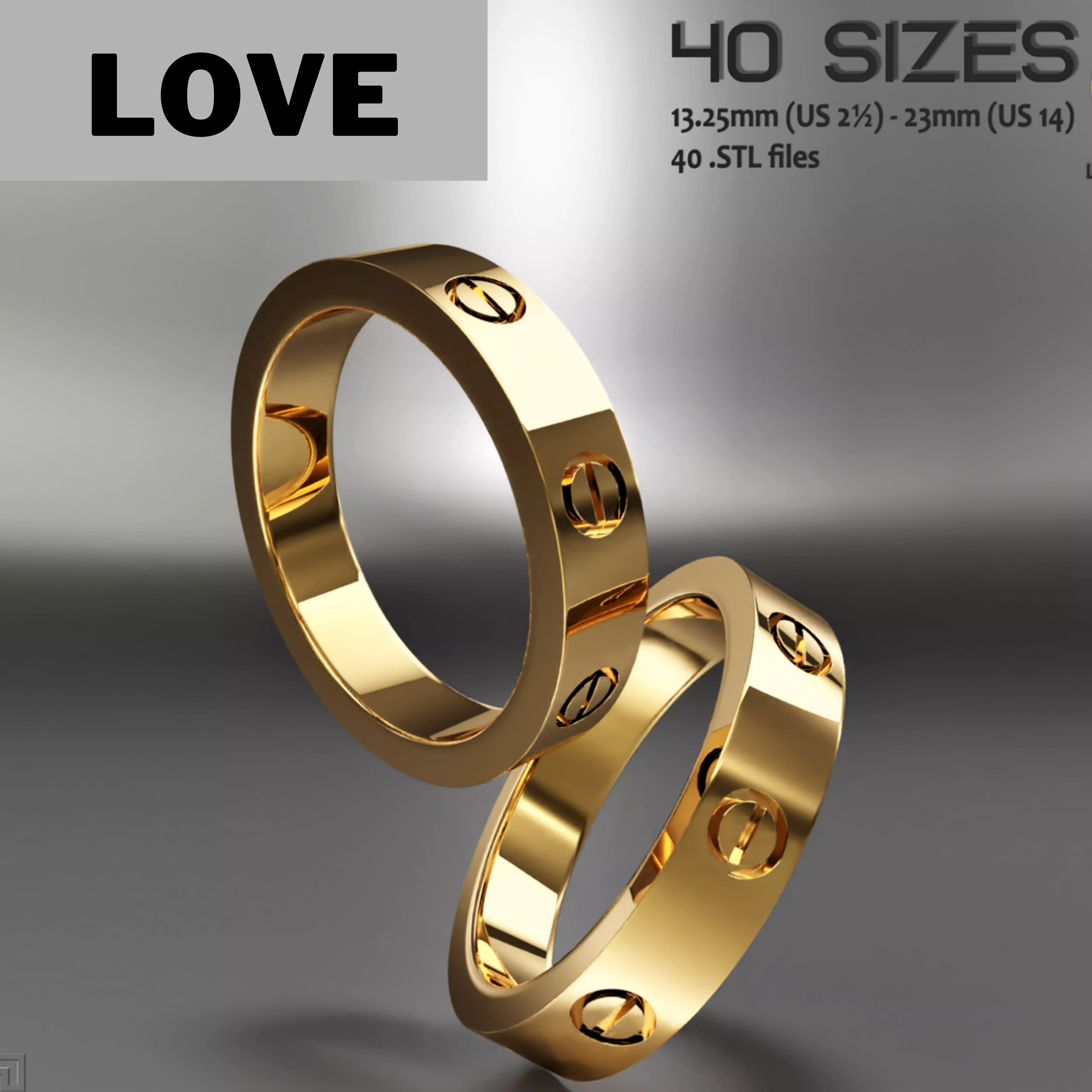 wedding rings big love band package of total 40 ring sizes 3D print model