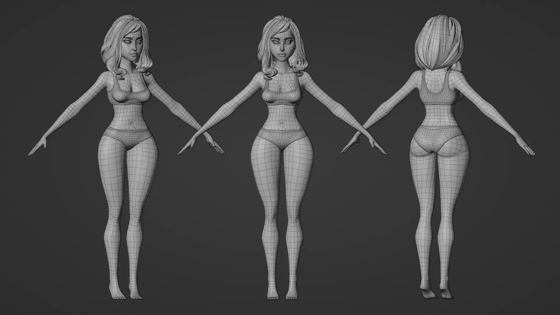 Cartoon female character sarah base mesh 3D model Low-poly 3D model_4