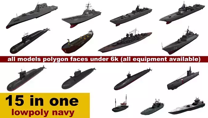 15 in 1 navy  destroyer  frigate  submarine speedboat Low-poly 3D model