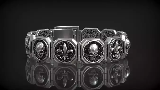 Royal Lily Fleur De Lis Skull Head Gothic Ornament Bracelet