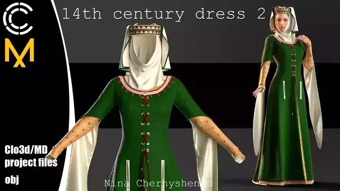 14th century dress 2 - Marvelous Designer project and OBJ