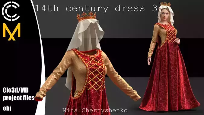 14th century dress 3 - Marvelous Designer project and OBJ