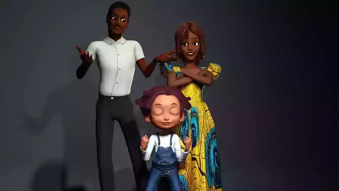 African Cartoon family Low-poly 3D model