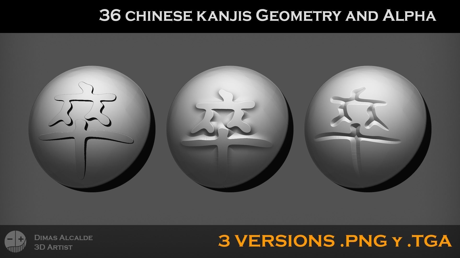 36 Chinese Kanjis Alphas and Geometries zBRUSH bLENDER Low-poly 3D model_5