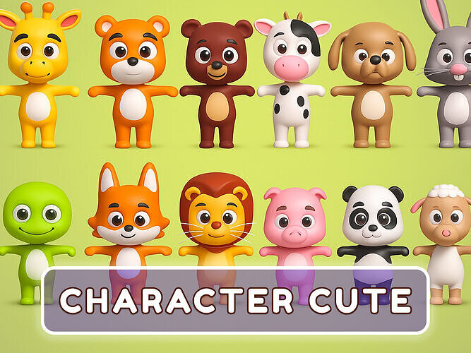 Cartoon Animal Character Cute Pack 001 Low-poly 3D model