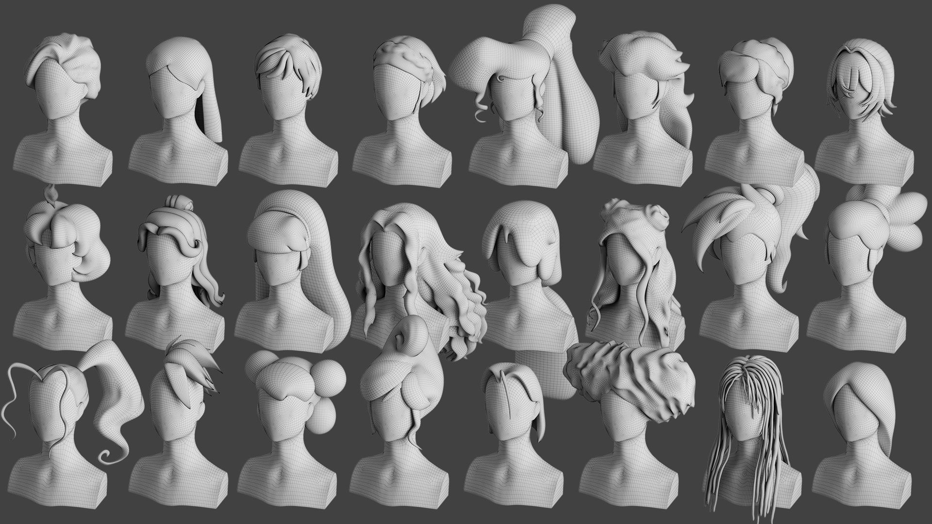 Stylised Woman Hair Bundle 3D model_7